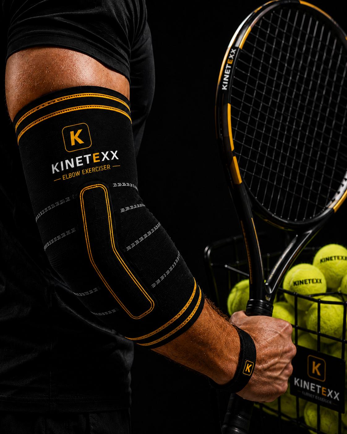 The Kinetexx elbow support worn while holding a tennis racket