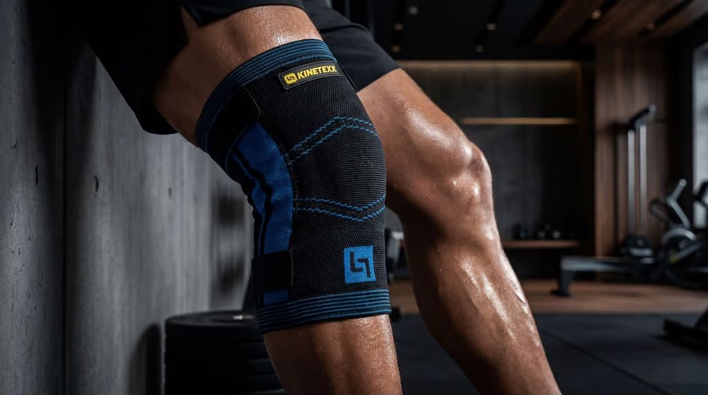 The Kinetexx Knee Muscle Exerciser worn on the knee, up close