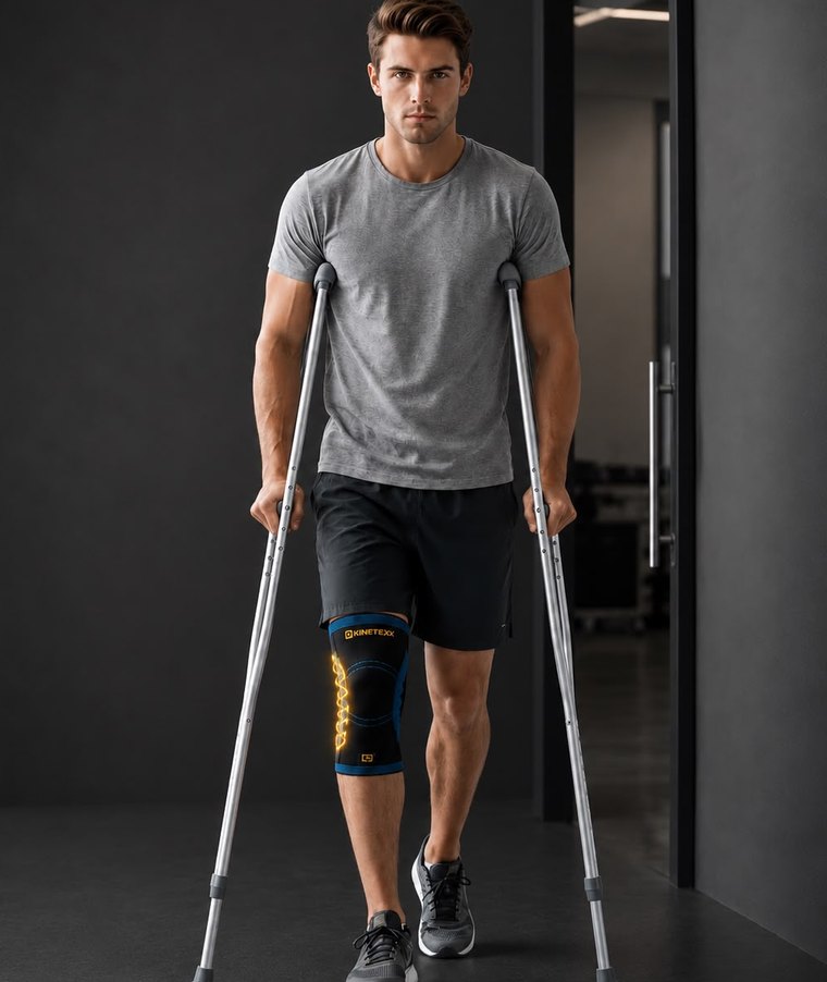 A person on crutches in recovery wearing the Kinetexx knee support