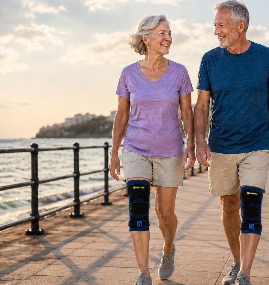 An older couple walking together along a seafront promenade, both wearing the Kinetexx knee support