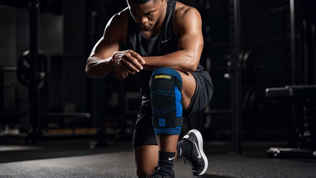 An athlete fitting the Kinetexx knee support before training