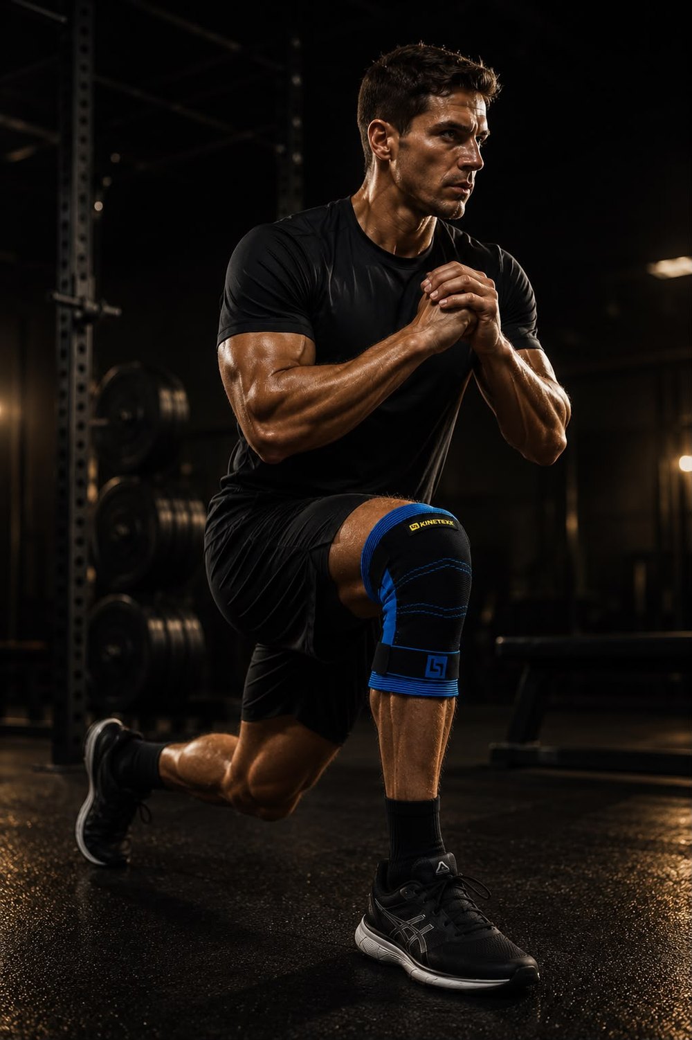 An athlete in a forward lunge wearing the Kinetexx knee support