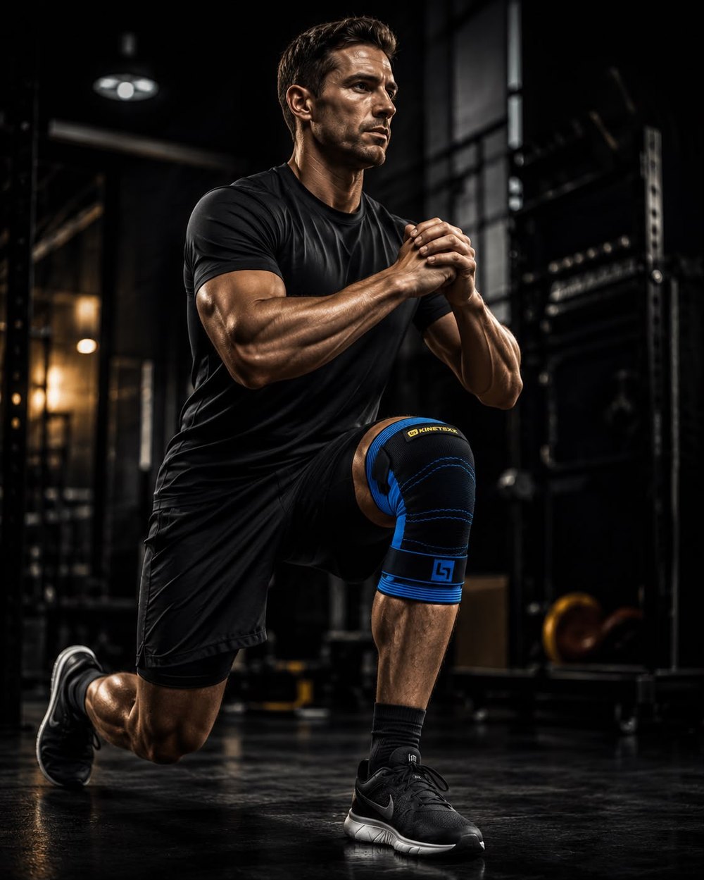 An athlete performing a reverse lunge in the gym wearing the Kinetexx knee support