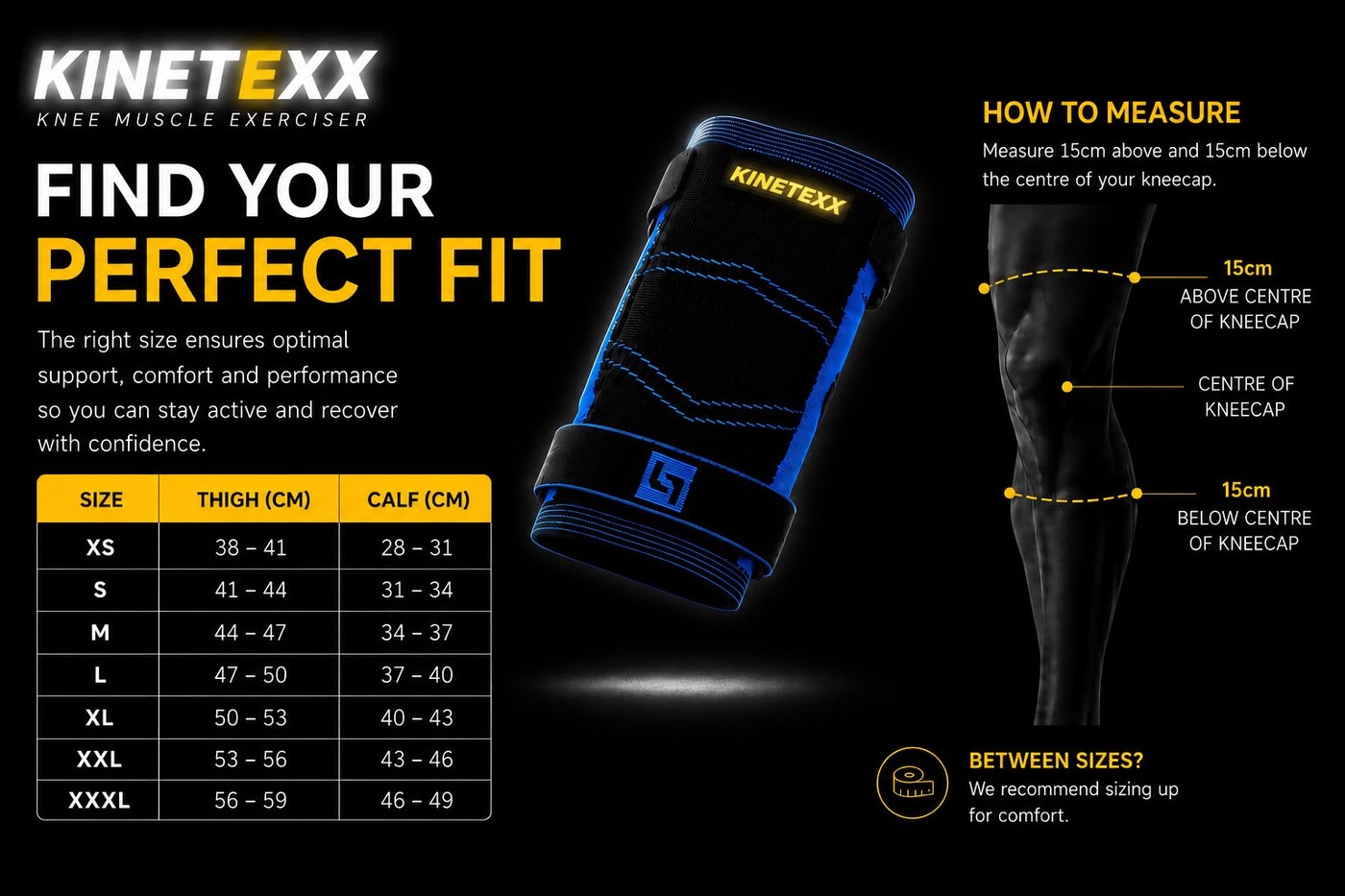 Kinetexx sizing guide: measure 15cm above and below the centre of the kneecap, with sizes from XS to XXXL