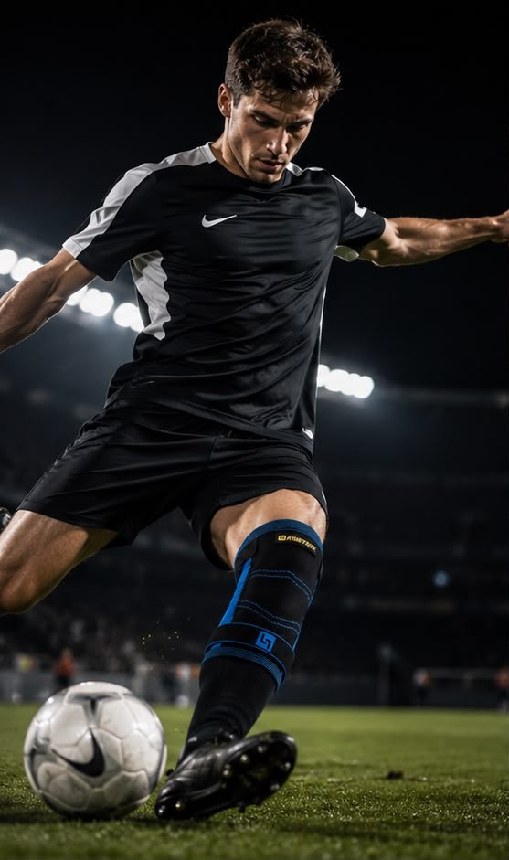 A footballer in action wearing the Kinetexx knee support