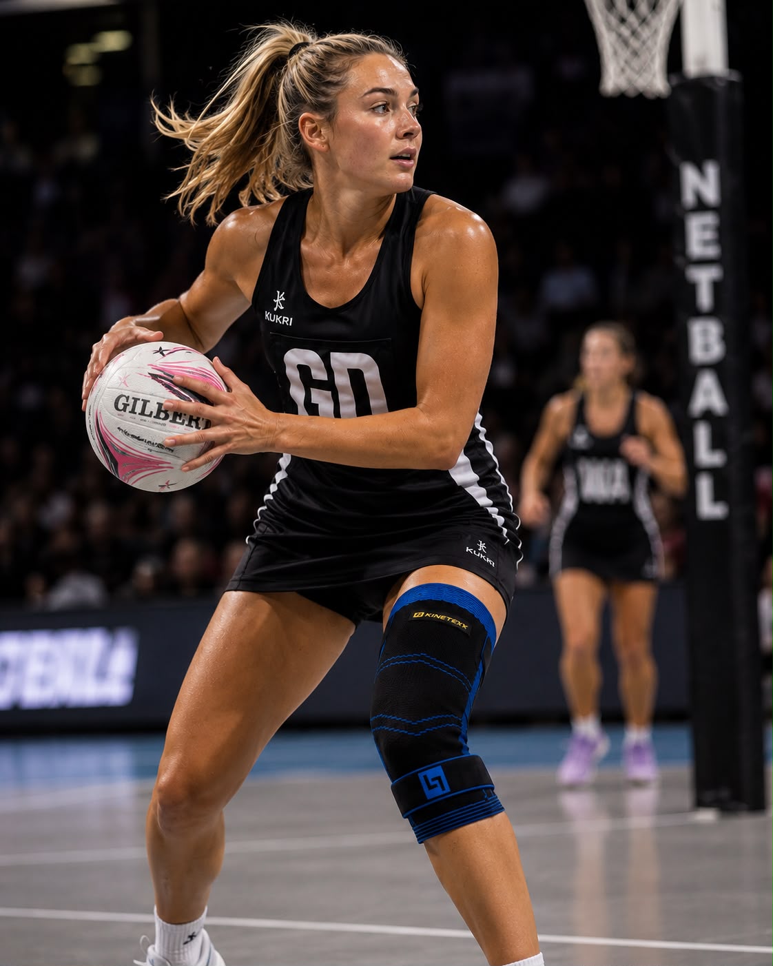 A netball player in action wearing the Kinetexx knee support