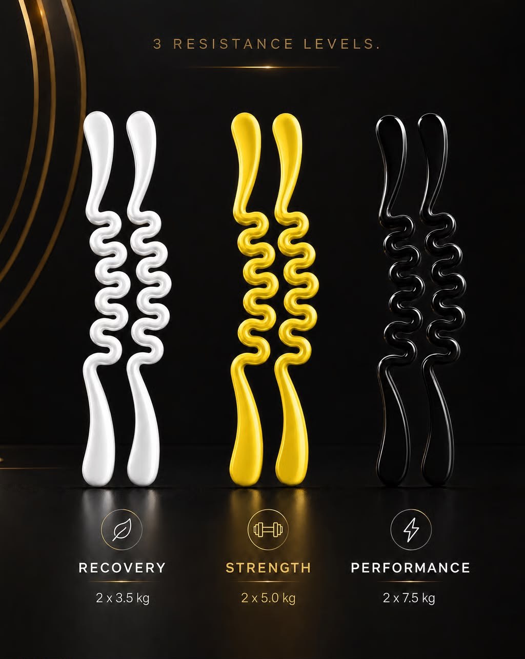 The three Kinetexx resistance springs: white 2 x 3.5kg for recovery, yellow 2 x 5.0kg for strength, black 2 x 7.5kg for performance, each supplied as a pair