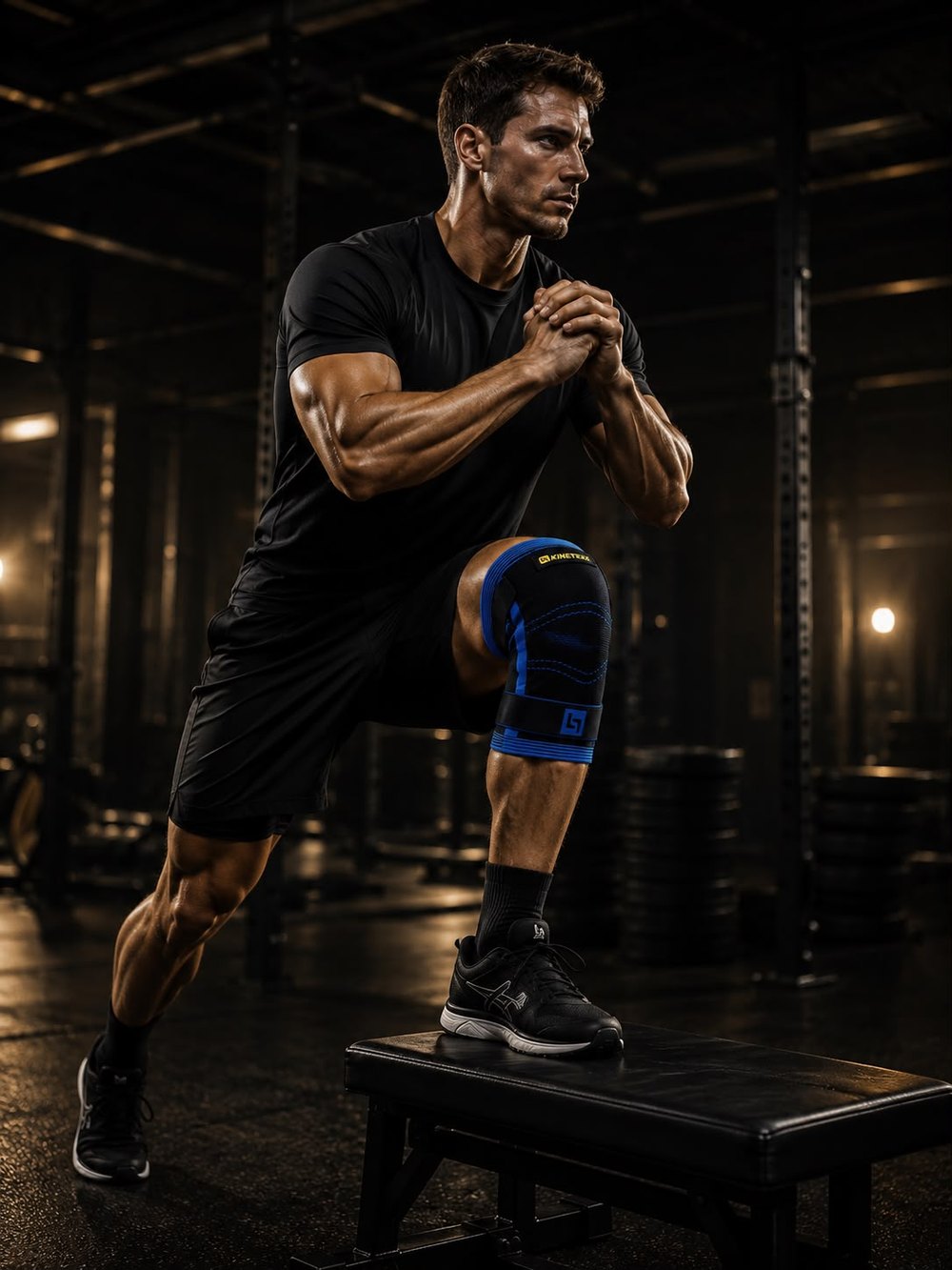 An athlete performing a controlled step-up wearing the Kinetexx knee support