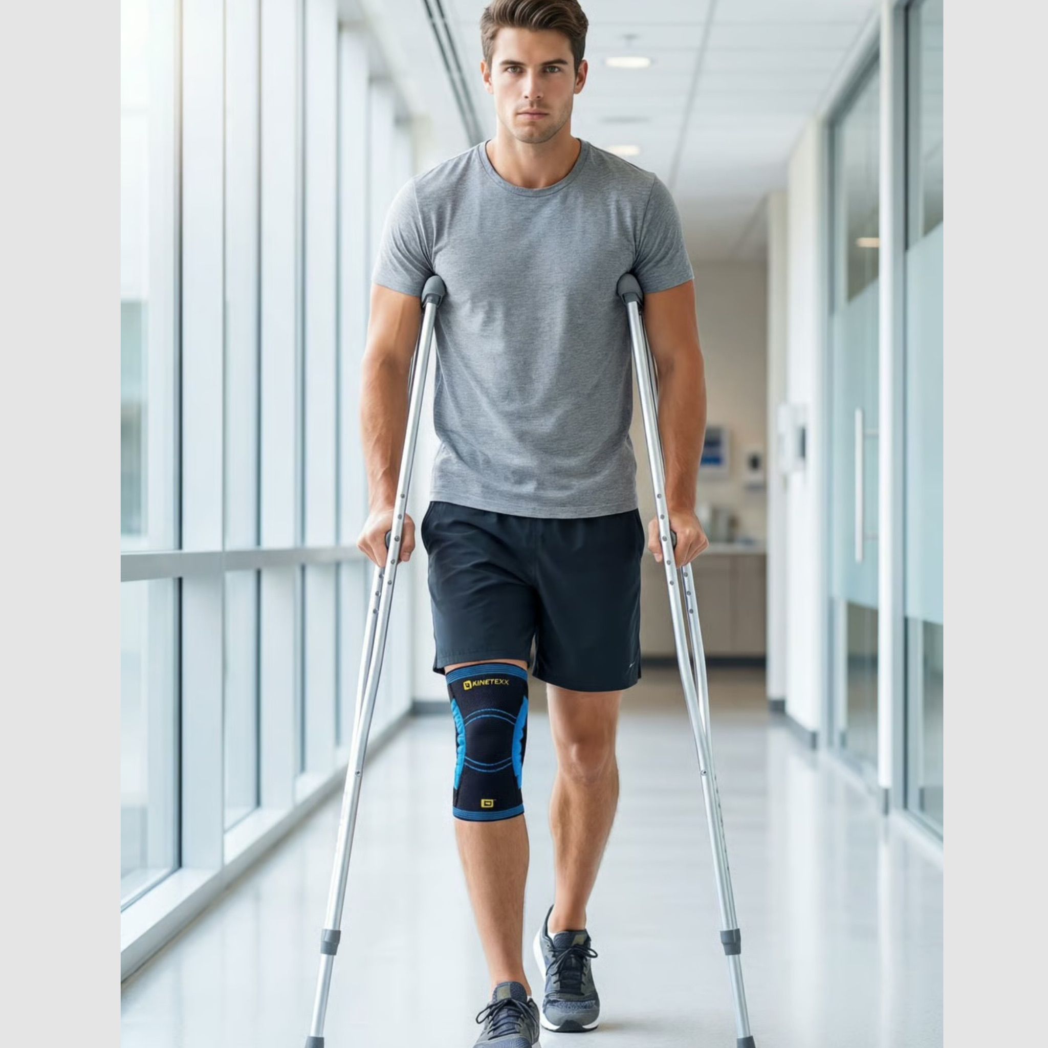 A person in recovery on crutches wearing the Kinetexx knee support in a clinic